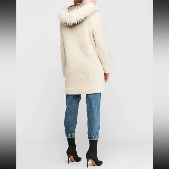 EXPRESS White & Green Sherpa faux fur hooded teddy coat jacket parka XS - Picture 2 of 6